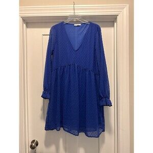 Womens Royal Blue Dress A-line Size Large Dotted Swiss Sheer Sleeves Knee Length